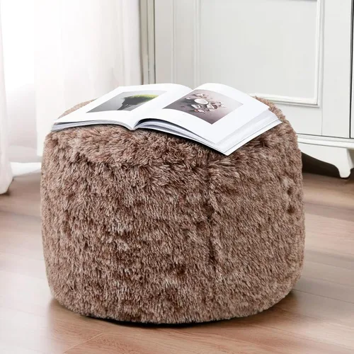 Vista 5 de HIGOGOGO Puf Otomán Redondo Relleno, Pufs Largos de Piel Sintética con Relleno de Trozos de Espuma, Puf Reposapiés Esponjoso y Peludo Otomán
