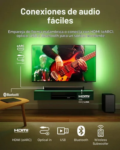 Vista 4 de Philips B4500 Barra de sonido de 2.1 canales con subwoofer inalámbrico, Bluetooth, HDMI ARC, Roku TV Ready, 140 W de potencia máxima, negro