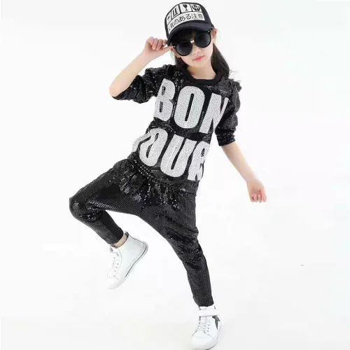 Vista 2 de LOLANTA Disfraz de baile para niños y niñas, ropa de hip hop con lentejuelas de los años 80 y 90, trajes brillantes de baile