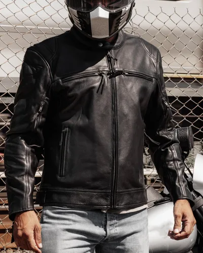 Vista 7 de First Mfg Co - Top Performer - Chaqueta de cuero de motociclista para hombre Negro