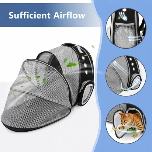 Vista 5 de Mochila expandible para gatos y perros, mochila de viaje para mascotas con ventana de burbujas con malla transpirable, estructura anticolapso, Negro