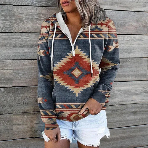 Vista 2 de Sudaderas con capucha estilo étnico azteca occidental para mujer, estilo casual, folk, manga larga, con bolsillo