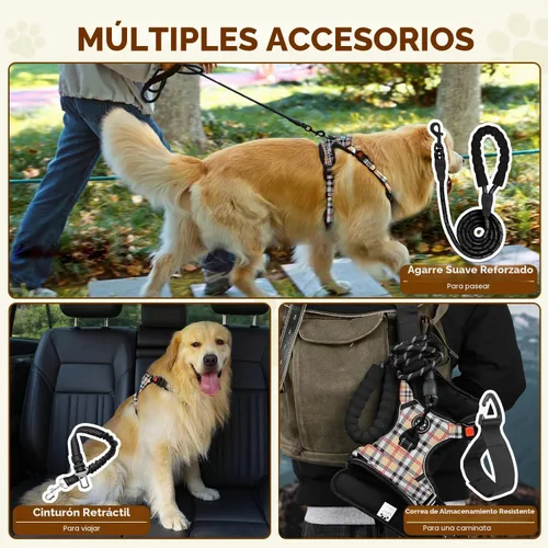 Vista 5 de FURRYFECTION Plaid Dog Harness with Leash and Seat Belt Set, Beige&White, M Tartán beige