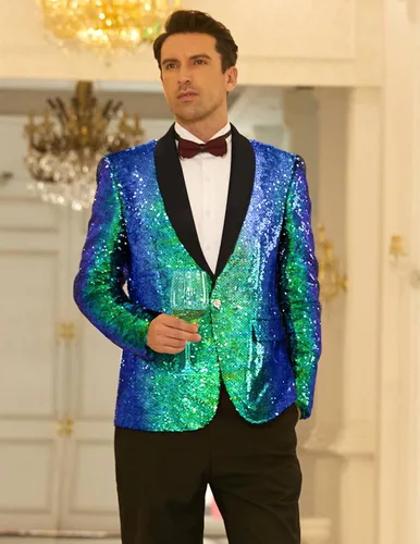 Vista 3 de COOFANDY Chaqueta de lentejuelas brillantes para hombre, esmoquin, fiesta, cena, baile de graduación, traje de un botón