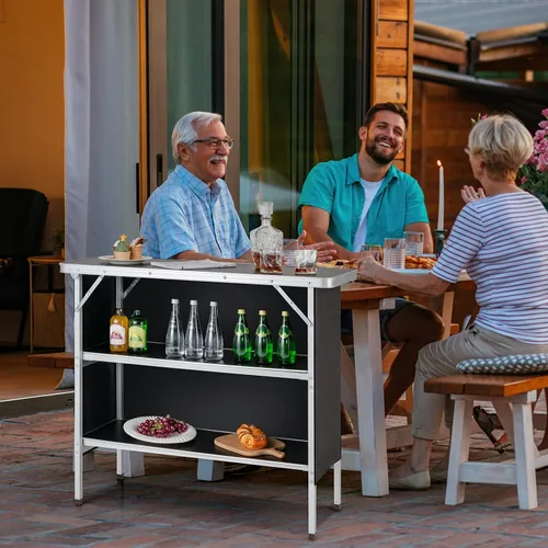 Vista 8 de Giantex Mesa de bar portátil para eventos, estación móvil plegable con estantes de almacenamiento, falda de privacidad extraíble, funda de Negro