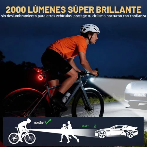 Vista 2 de Bike Light for Night Riding, 2000LM/1000LM Bicycle Headlight & Taillight, Multiple Modes,3000mAh/2000mAh USB C Rechargeable Waterproof LED Bright