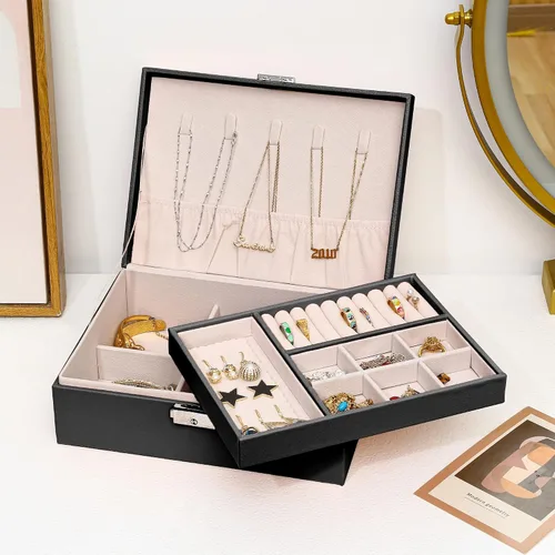 Vista 3 de ZUZ003A - Caja organizadora de joyas para mujeres y niñas, estuche de almacenamiento grande de 2 capas, soporte de exhibición de piel sintética