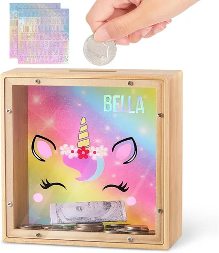 Vista 8 de Alcancía para niños, banco de monedas de madera para niños y niñas, dinosaurio unicornio alcancía con calcomanías de bricolaje para cumpleaños