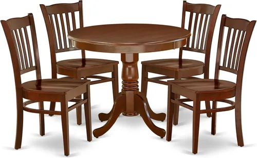 Vista 21 de East West Furniture ANGR3-MAH-W - Juego de comedor de 3 piezas para espacios pequeños que contiene una mesa de comedor redonda con pedestal y 2