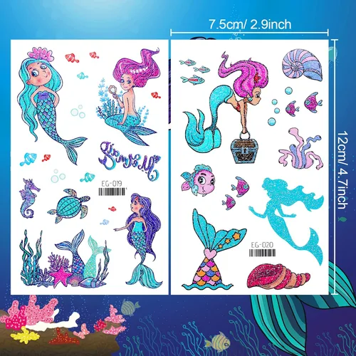 Vista 5 de Konsait Tatuaje Temporal con Purpurina para Niñas, 24 Hojas de Calcomanías de Tatuaje de Mariposa Sirena Hada Flores para Niños, Tatuajes Falsos