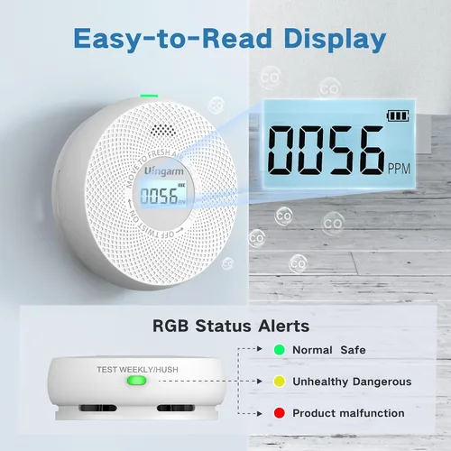 Vista 4 de Detector de humo y monóxido de carbono, detector de humo 2 en 1, indicadores de luz de advertencia LED, batería de 10 años (blanco, paquete de 3)