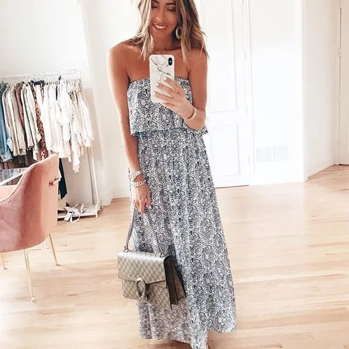 Vista 5 de ZMPSIISA Vestido largo de verano para mujer, con hombros descubiertos, con volantes, sin tirantes, de porcelana, color azul y blanco, bohemio