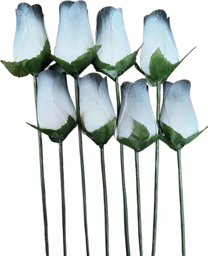Vista 50 de 6 rosas de madera negras medio abiertas para manualidades, ramos personalizados y otros proyectos. 16 colores para elegir. Negro