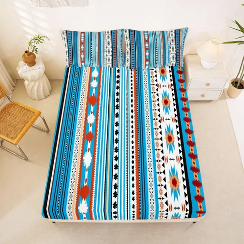Vista 25 de Juego de ropa de cama de estilo bohemio occidental, tamaño individual, diseño de vaca atrapasueños, sábana bajera ajustable del suroeste, tribu