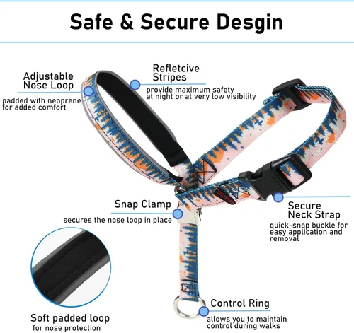 Vista 2 de BARKLESS Collar de cabeza de perro, halter impreso antitirones con correa Arnés de hocico suave con clip ajustable para entrenamiento de correa