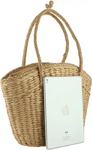 Vista 4 de Bolso de playa con borlas y paja, tejido para el hombro, para el verano, bolso de mano tejido con asa superior para mujeres y niñas, viajes