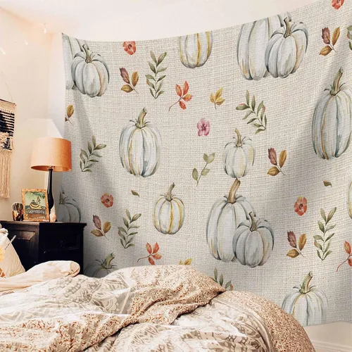 Vista 3 de T&H XHome Tapiz para colgar en la pared, tapices estéticos para dormitorio, Acción de Gracias, calabaza dibujada a mano con hojas, tapiz de pared