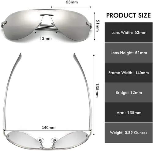 Vista 4 de Crabegg Gafas de sol polarizadas de aviador para hombres y mujeres, protección UV 400, 2.480in, lente espejo sin montura para pesca y conducción
