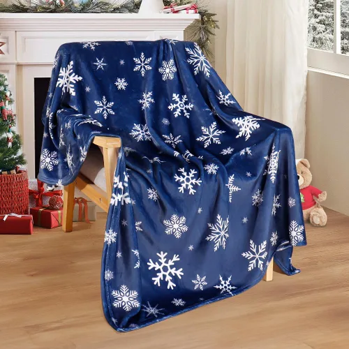 Vista 2 de Manta de Navidad con copos de nieve azul, manta de franela de forro polar súper suave, manta de invierno de felpa cálida, decoración navideña