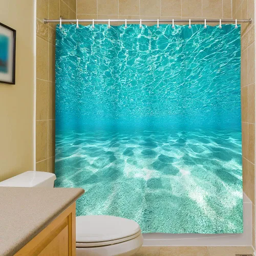 Vista 15 de MERCHR Cortina de ducha de playa azul océano, naturaleza bajo el agua, escena del mundo del mar, cortinas de baño, tela impermeable, 36 x 72 pulgadas