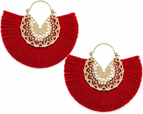 Vista 37 de Aretes de aro con borla, aretes colgantes de hilo de declaración, elegantes aretes largos con flecos, ligeros, largos y con gancho francés, para un