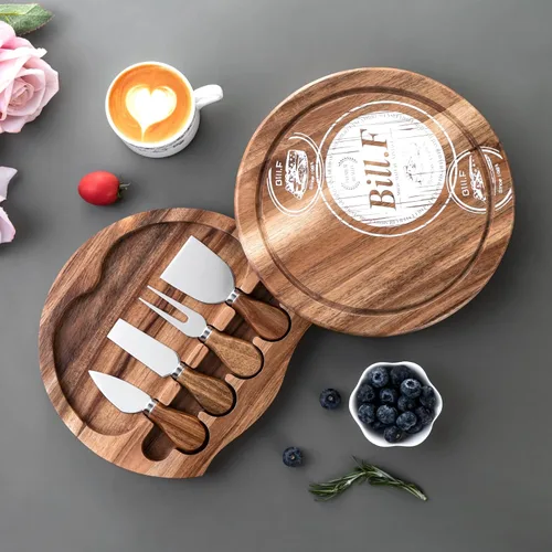 Vista 5 de Juego de tablas de queso de madera de acacia, tabla de charcutería y plato para servir queso con 4 cuchillos de queso de acero inoxidable, ideal