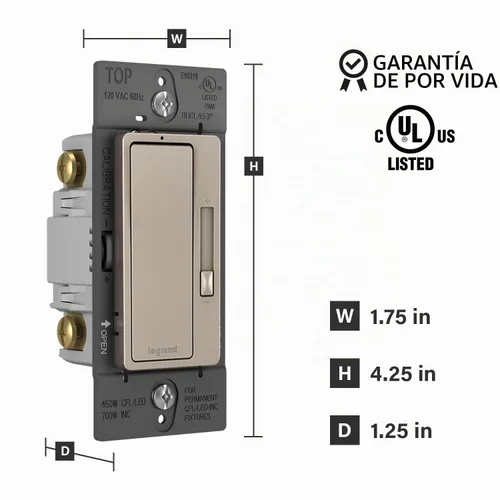 Vista 2 de Legrand Radiant - Interruptor de luz LED de 450 W, 3 vías, color níquel, paquete de 1