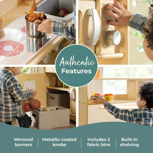 Vista 5 de Guidecraft EdQ - Juego de cocina todo en uno para niños, color natural: cocina dramática de madera para niños pequeños con estufa, microondas