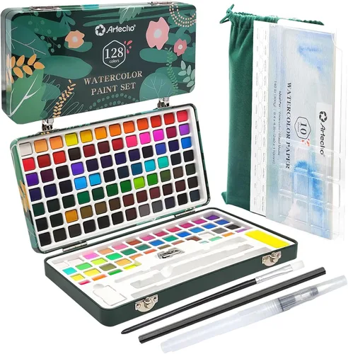 Vista 10 de Artecho Juego de pintura de acuarela de 50 colores, juego de acuarela de viaje con papeles de acuarela y pinceles, ideal para aficionados