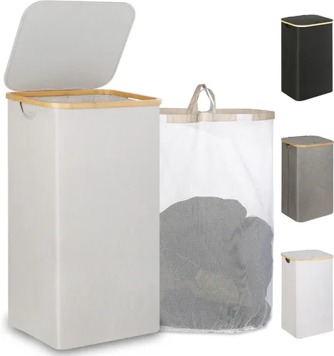 Vista 22 de iEGrow Cesta de lavandería con tapa, cesta grande de lavandería de 110 litros con asa y tapa, organizador de ropa plegable con bolsa interior Beige
