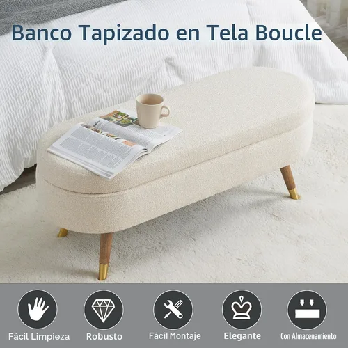 Vista 3 de IAFIKE Banco de almacenamiento ovalado de 43.5" Banco otomano tapizado de tela bouclé Banco reposapiés con patas de metal dorado, extremo de cama