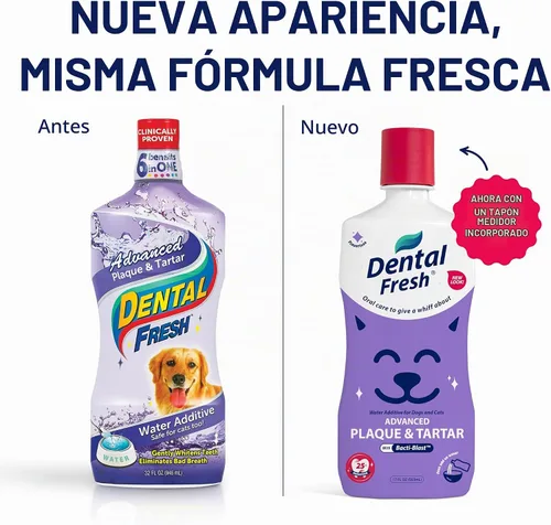Vista 2 de Dental Fresh Aditivo de agua para perros y gatos, fórmula avanzada, 8 onzas líquidas, placa y sarro para cuidado bucal diario