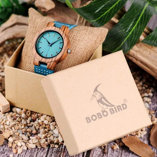 Vista 2 de BOBO BIRD Reloj de madera de bambú para hombre y mujer con correa de cuero de vaca azul, relojes casuales para el amor con caja