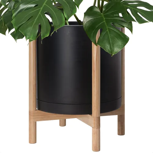 Vista 17 de Maceta de D'vine Dev con soporte - Maceta de flores de cilindro de plástico de 8.0 pulgadas con soporte de madera para interiores, maceta mate negra