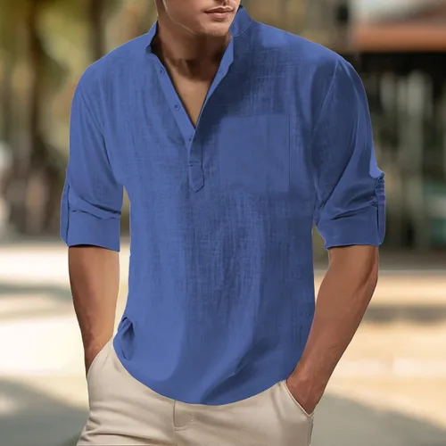 Vista 2 de Camisa de lino para hombre, manga larga, Henley, casual, verano, grande, alta, algodón, ligera, para negocios, trabajo, vacaciones, crucero