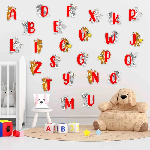 Vista 7 de Tom & Jery - Adhesivo decorativo para pared del alfabeto (A–Z), divertido alfabeto de dibujos animados para espacios de aprendizaje, calcomanías