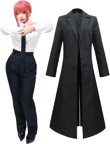 Vista 3 de C-ZOFEK Conjunto de traje de chaqueta negra para mujer con corbata Makima, disfraz de cosplay de uniforme
