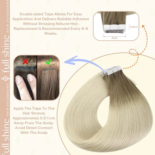 Vista 130 de Full Shine - Extensiones de cabello humano con cinta, mezcla de rubio hongo # 8 castaño ceniza resaltado 60 rubio ceniza