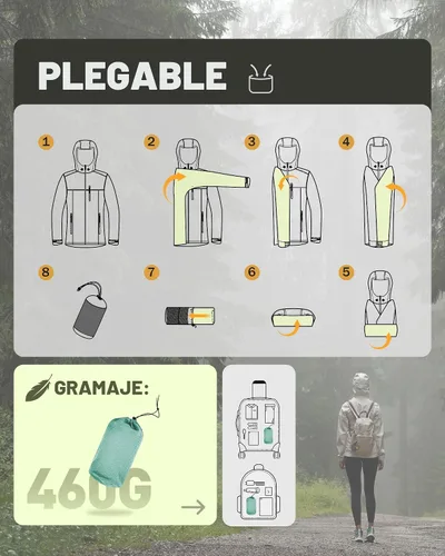 Vista 5 de Chaqueta impermeable plegable para mujer 33,000ft, ligera, impermeable, con capucha, para ciclismo y bicicleta, cortavientos Tono aguamarina