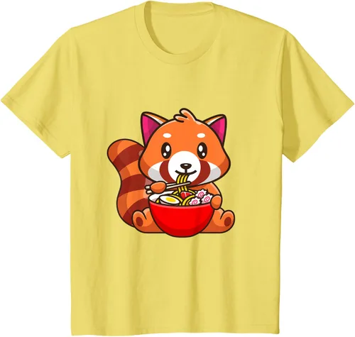 Vista 29 de Camiseta Kawaii Anime Red Panda Eating Ramen Noodles, Negro, S