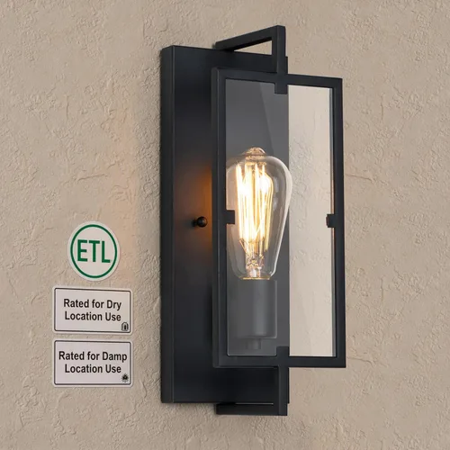 Vista 3 de Lámpara de baño de 1 luz, aplique de pared negro mate con pantalla de vidrio transparente, lámpara de pared interior con base E26 para espejo, sala