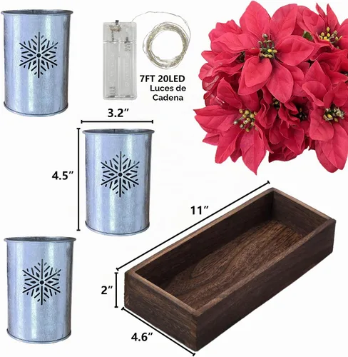 Vista 6 de Flores de Pascua artificiales de Navidad con luces LED, centro de mesa de Navidad rojo en macetas y caja de madera para decoración