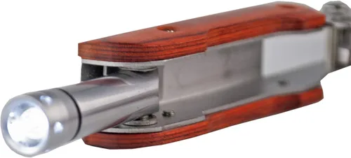 Vista 4 de ADROIT Multiherramienta 11 en 1 Construcción de acero inoxidable Mango de grano de madera Las herramientas incluyen luz LED, cuchillo