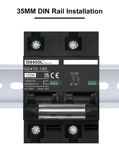 Vista 5 de DIHOOL Disyuntor DC Interruptor de desconexión solar de 100 amperios 2p 1000V para PV, UPS, batería de RV, montaje en carril DIN..