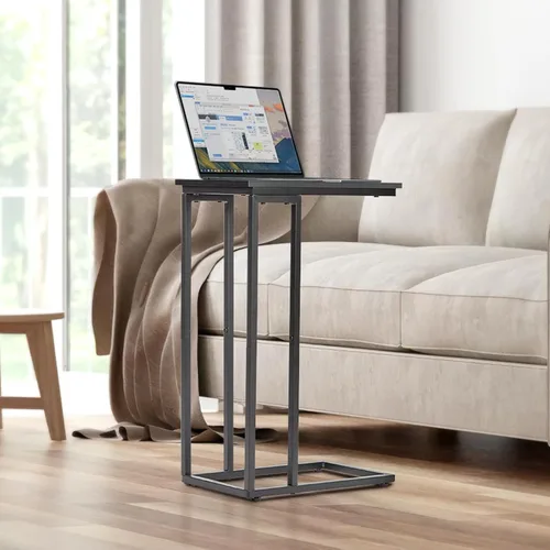 Vista 2 de Mesa auxiliar en forma de C, juego de 2 bandejas de TV, escritorio lateral para laptop, para sala de estar, dormitorio, espacios pequeños, negro
