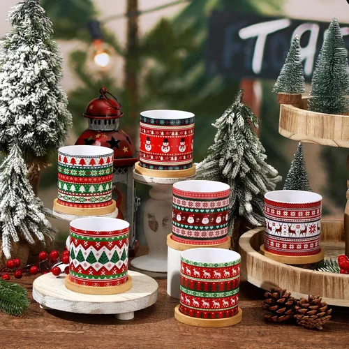 Vista 6 de Tioncy 6 macetas de Navidad de 3.15 pulgadas, suéter feo de Navidad, macetas de plástico para suculentas con drenaje y bandeja para plantas