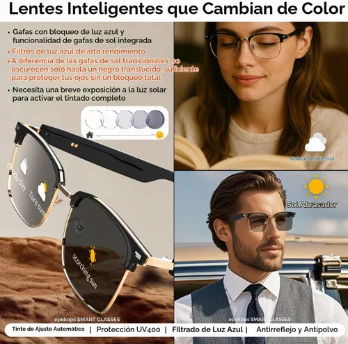 Vista 3 de Lentes inteligentes AI de audio Bluetooth con lentes fotocromáticos, traducción, música, llamadas, asistente de voz, altavoces estéreo de oreja