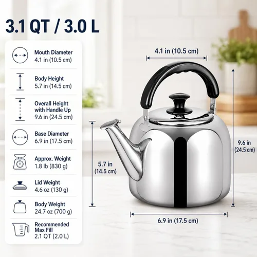 Vista 9 de Tetera Silbante para Estufa, de Grado Alimentario de Acero Inoxidable 316, Hervidor de Agua Rápido, Tetera de Cocina con Mango Ergonómico, Capacidad