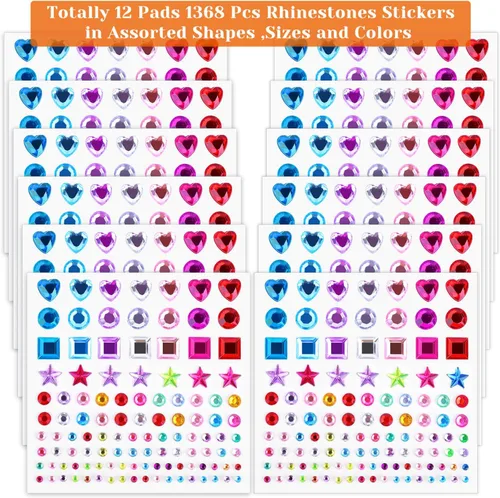Vista 2 de selizo - Calcomanías autoadhesivas de diamantes de imitación, 1368 piezas de gemas para manualidades, joyas para la cara, calcomanías de diamantes