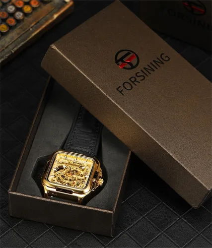 Vista 6 de FORSINING Reloj de pulsera con diseño de esqueleto impermeable para hombre, automático, steampunk, correa de silicona, luminoso cuadrado